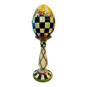 MacKenzie-Childs 14” Striped Awning Pedestal Egg Courtly Check Floral